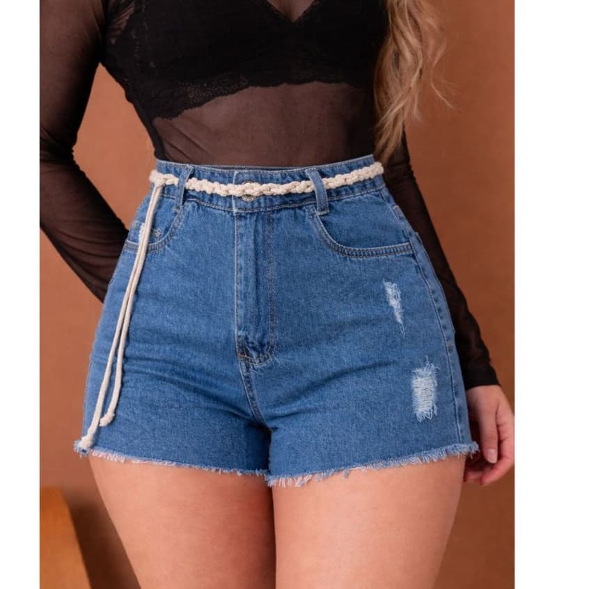 Short Jeans Feminino Cintura Alta Premium  com Cinto Trançado Estilo Verão