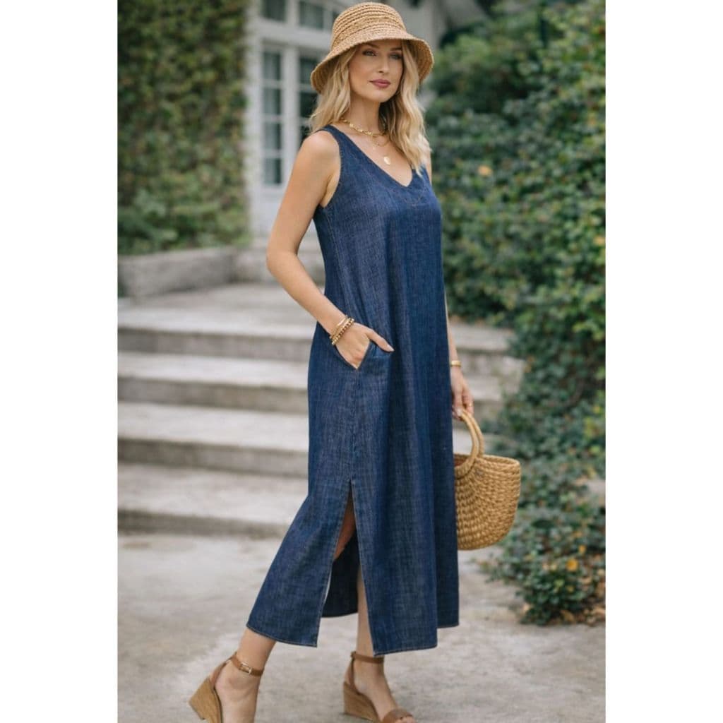 Vestido Jeans Longo VOZZA| 100% Algodão| Fendas Frontais e Bolsos Funcionais