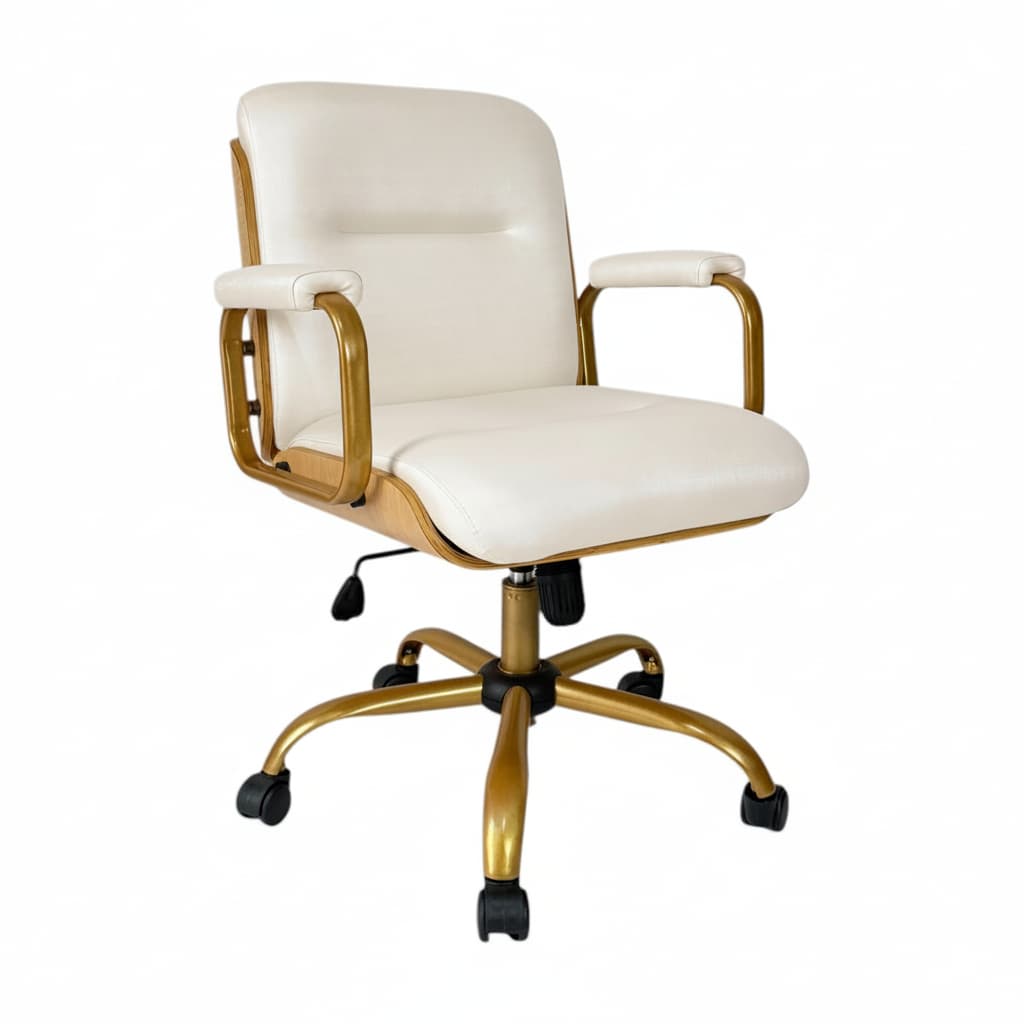 Poltrona Diretor Wood Clinicas - Base Giratória Dourada - Courissimo Off-White