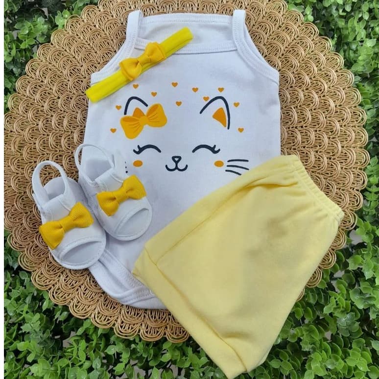 Conjunto Sandália Com Tiara Body E Short Bebe Menina Mesversário Estampado Verão 100% Suedine