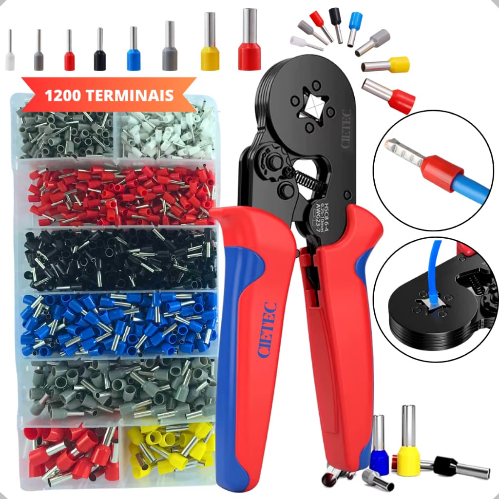 Kit Alicate Crimpar Prensa Terminais + 1200 Ilhós Tubular