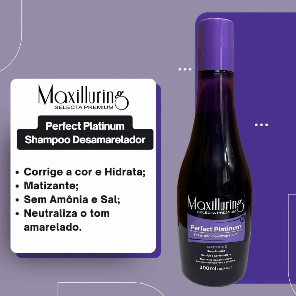 Shampoo Maxilluring Matizador Platinum Desamarelador Rápido Cabelos Loiros, Grisalhos, Descoloridos 300ml