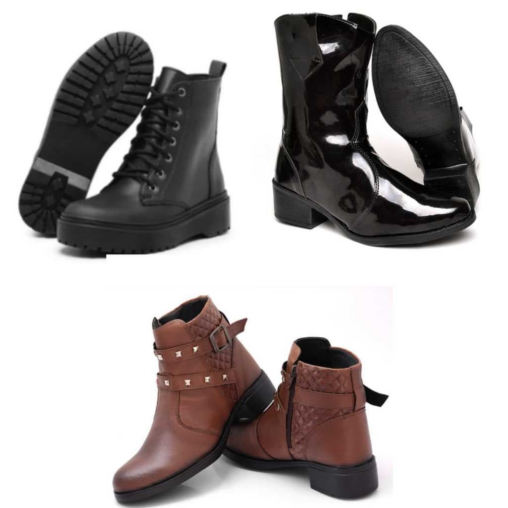 Coturno Feminino sem Bag PT + Bota Texana no Verniz PT + Bota Cano Baixo 206 Caramelo
