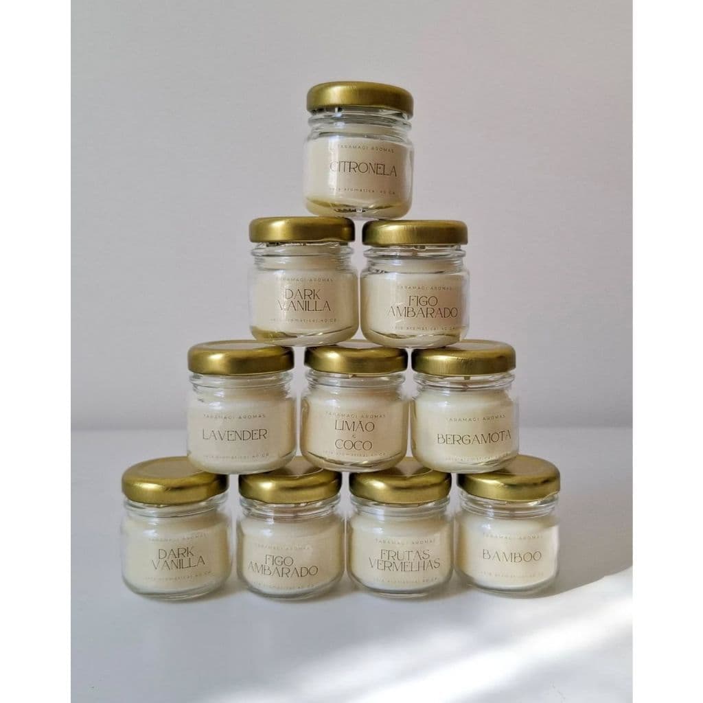 Mini Vela Aromática Vegana 40g personalizada com adesivo lembrancinha cha de bebe casamento batizado
