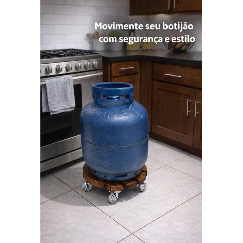 Suporte para Botijão de Gás com Rodinhas de Silicone | Madeira Reforçada | Mais Segurança e Praticidade
