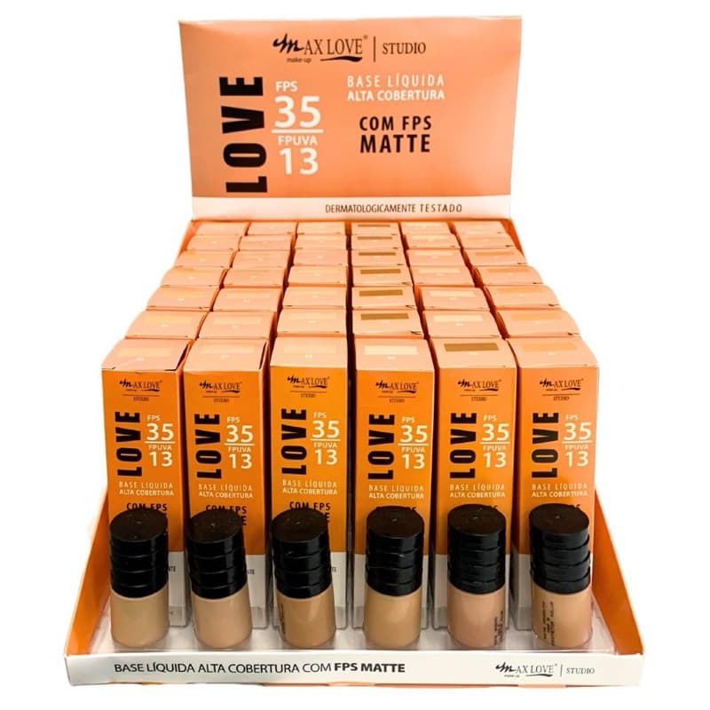 BASE LIQUIDA MAX LOVE PROTEÇÃO FPUVA ALTA COBERTURA MATTE COM PROTEÇÃO SOLAR LONGA DURAÇÃO FPS35 EFEITO MAKEPROFISSIONAL