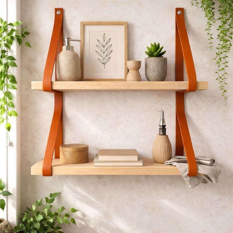 Kit 2 Prateleiras 40x15 cm de MDF Alças de Couro Fácil Instalação Multifuncional Decoração Livros