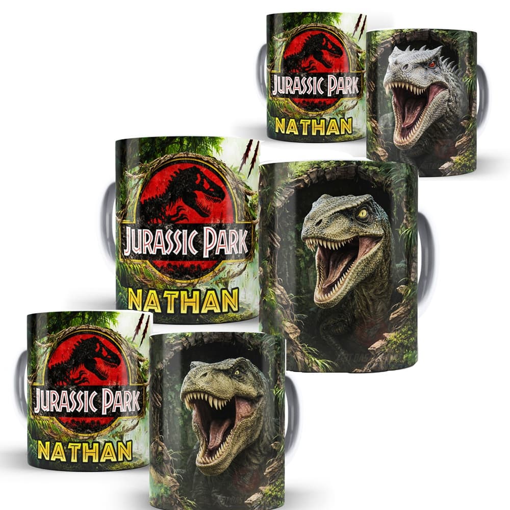 Caneca Jurassic Park World Porcelana Personalizada T Rex Velociraptor Indominus Braquiossauro