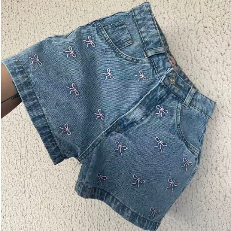 Short Jeans short mon Cintura Alta Short Bordado de arco Femininas Modal Estilo fofo premium Elegante Casual