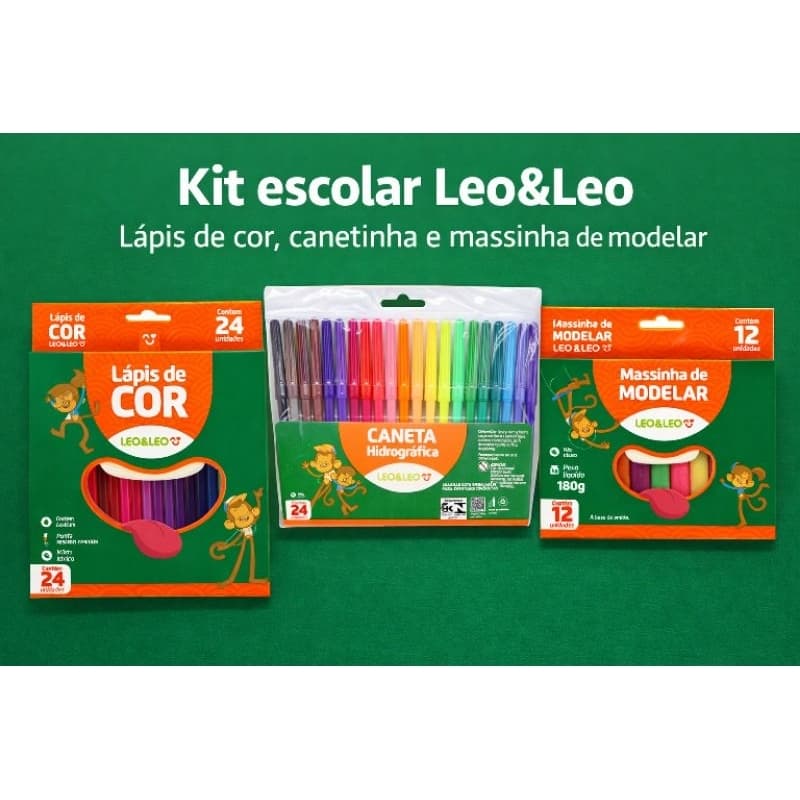 Kit escolar infantil Leo&Leo - Lápis de cor 24, Canetinhas 24 e massinha de modelar 12