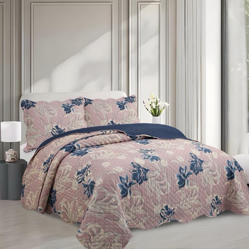 Colcha de Cama King Cobre Leito Kit 3 Peças Estampada Florida Matelado Boutis Percal Cama Box