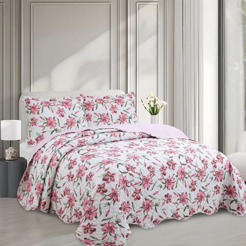 Colcha de Cama Casal Cobre Leito kit 3 Peças Estampada Florida Matelado Boutis Percal Cama Box