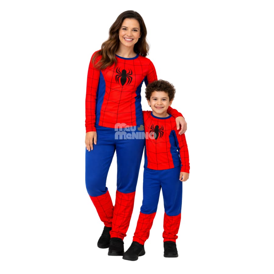 Kit Fantasia Mãe e Filho Roupa Homem Aranha Macacão Festa Pijama Carnaval