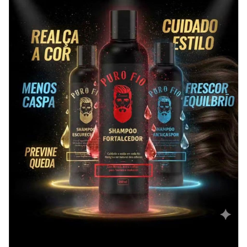 Kit com 1x Shampoo Escurecedor + 1x Shampoo Anticaspa + 1x Shampoo Antiqueda Puro fio 250ml - A Pronta Entrega