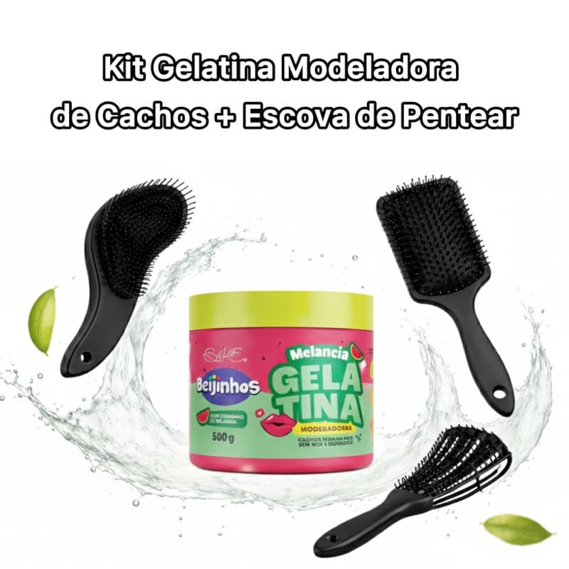 KIT GELATINA MODELADORA DE CACHOS E PENTE CHEIRO DE MELANCIA FINALIZADOR DE CACHOS E PENTE PARA DESENBARAÇAR E ENROLAR
