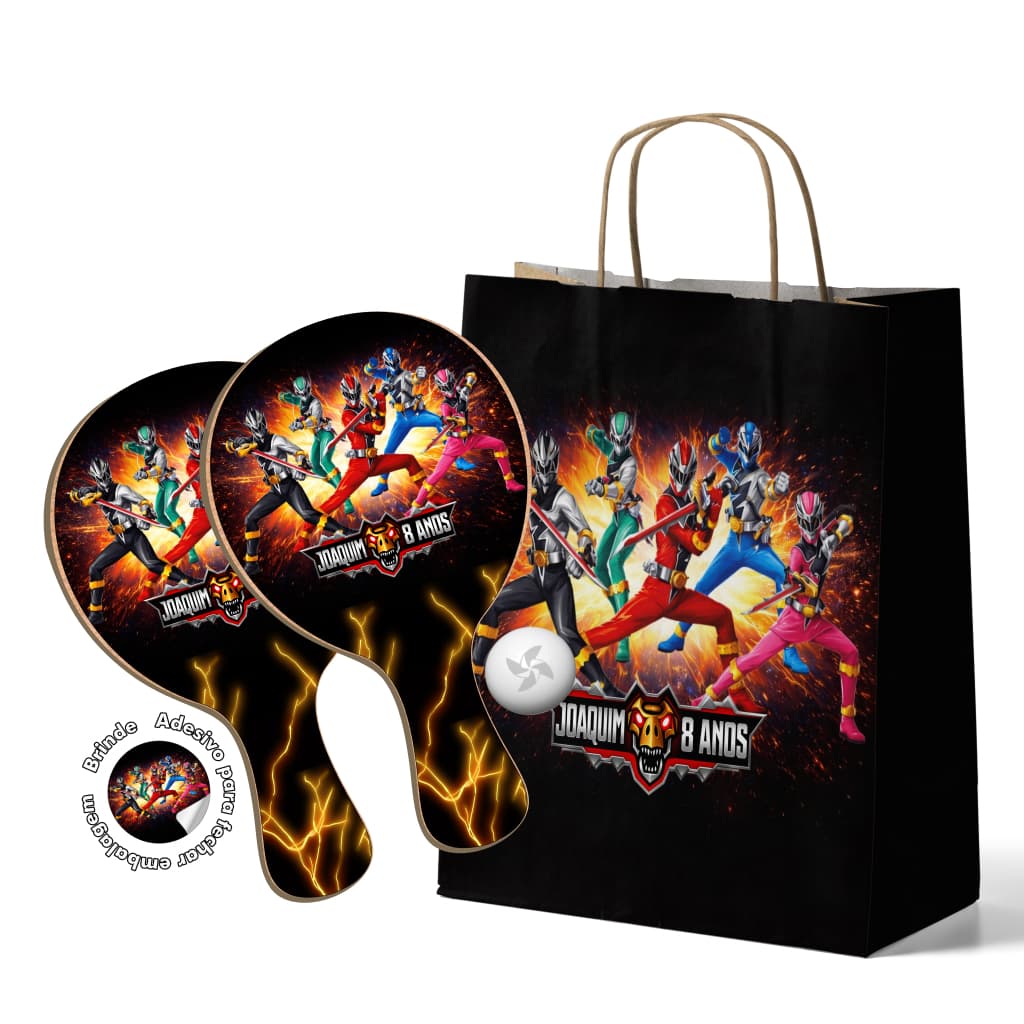 7/10/15/20/25 Kit Sacola de Papel e Raquete Ping Pong - Power Rangers Dino Fury