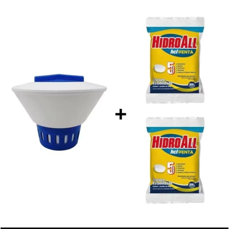 kit clorador para pastilha + 2 pastilhas cloro multifunções 5/1 hidroall