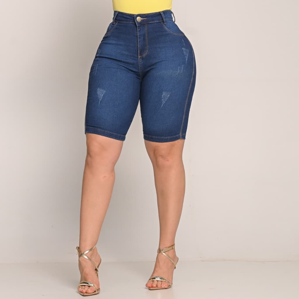 Bermuda Ciclista Jeans Feminina Cintura Alta Com Lycra Elastano Levanta Bumbum Até o Joelho