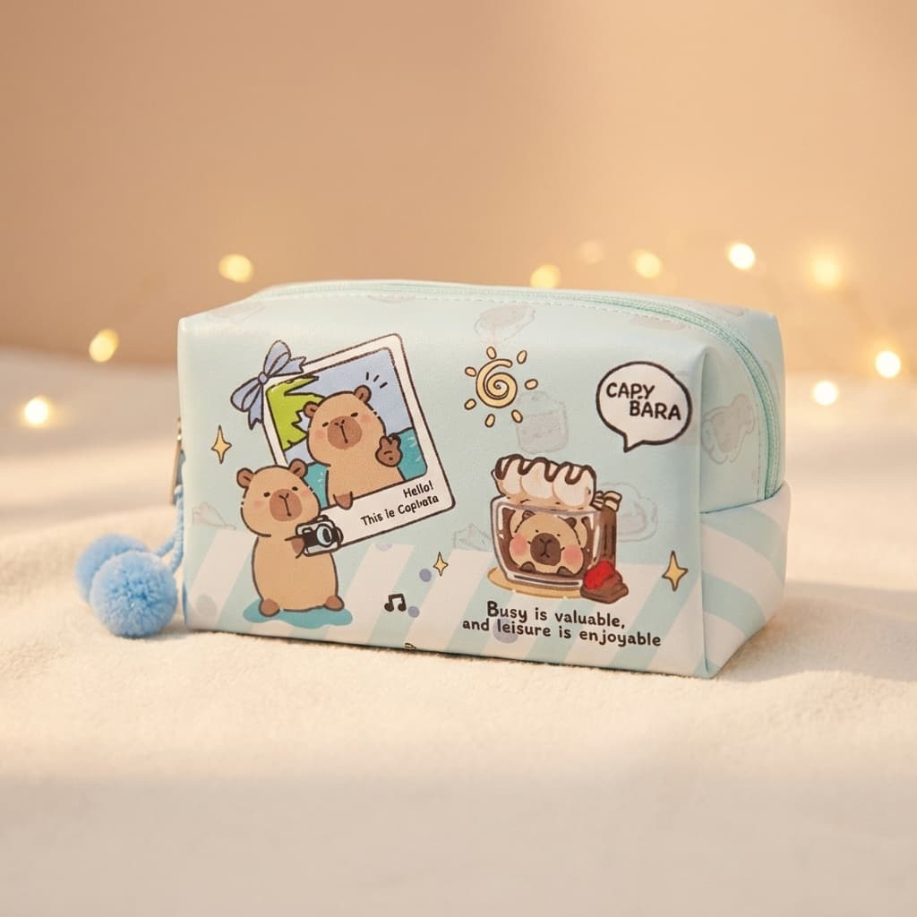 Necessaire Estojo Grande Capivara Fofa Couro PU Organizador Escolar Maquiagem Viagem 18x8x10cm