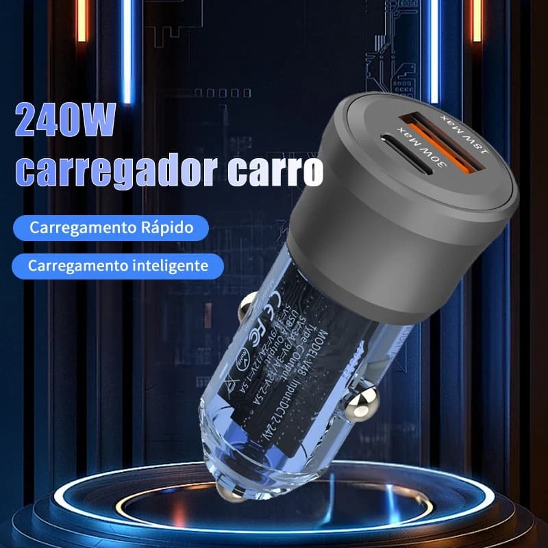 KIT Carregador de carro carregador rápido de porta dupla 240 W com cabo de dados 3 em 1
