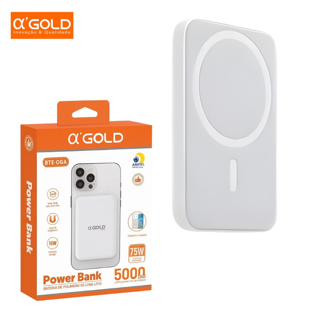 Carregador Portátil Magnético A’Gold BTE-06A Indução 5000mAh 7.5W Power Bank