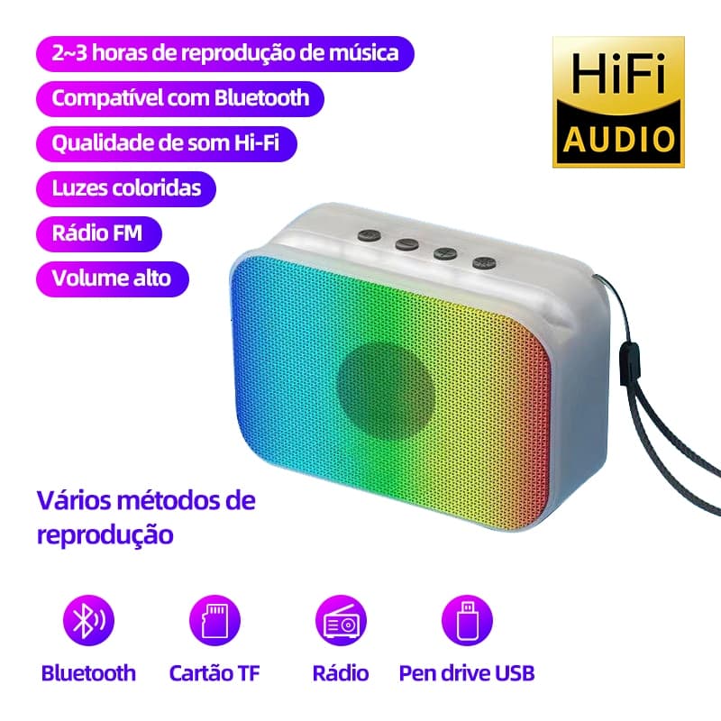 Caixa de Som Bluetooth Portátil com Luzes Coloridas e Rádio FM, Som Hi-Fi e Compacta