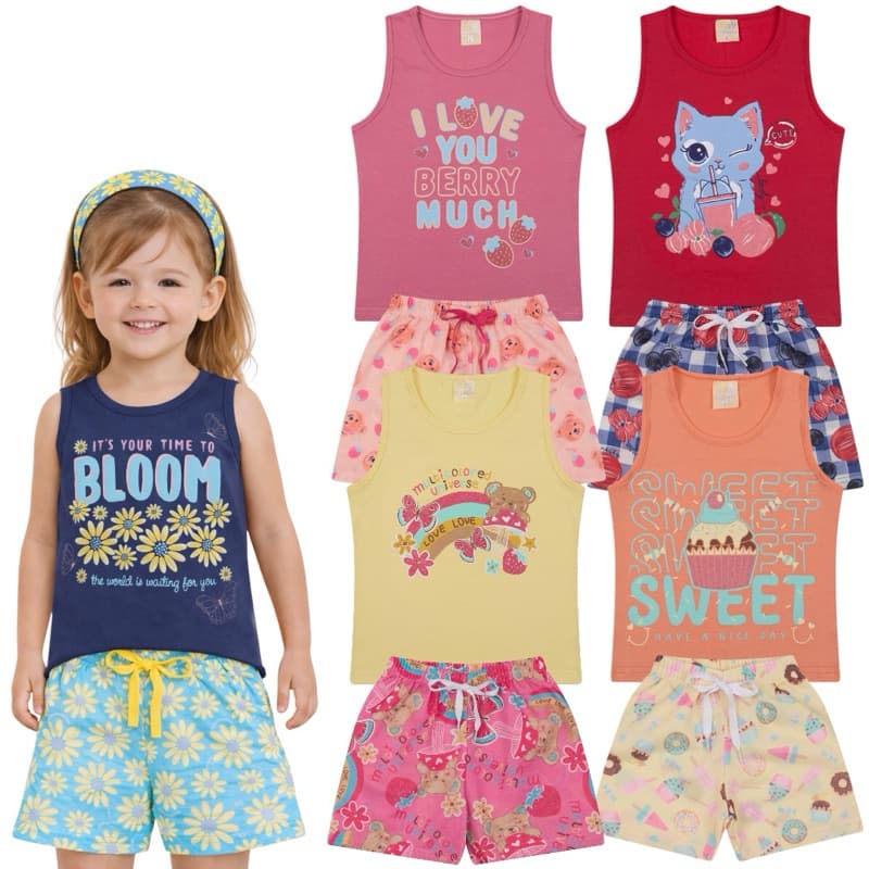 Kit Sortido 8 Peças de Roupas Infantil Menina - 4 Blusas Regata + 4 Short Infantil Menina Verão Feminino Bebê