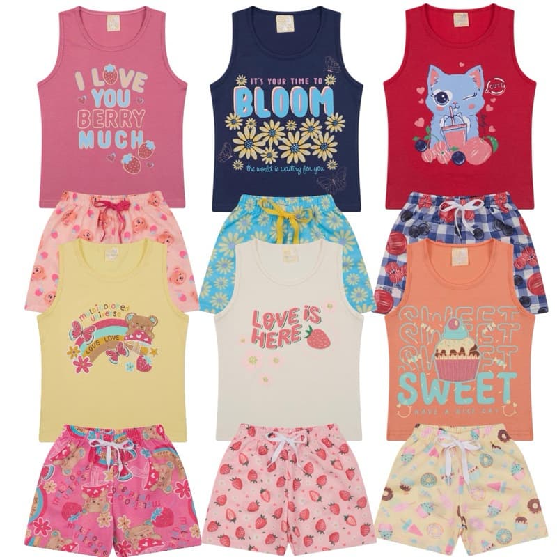 Kit Sortido 10 Peças de Roupas Infantil Menina - Conjuntos com 5 Regata +5 Short Verão Feminino Bebê