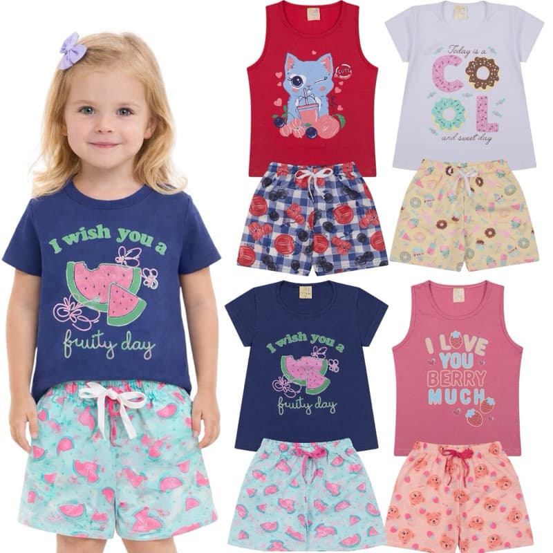 Kit Sortido 8 Peças Infantil Menina - 4 Conjuntos -2 Blusas + 2 Regata + 4 Short Verão Feminino Bebê