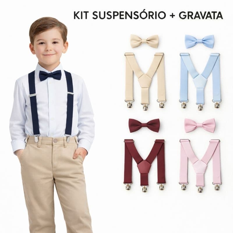 Suspensório e Gravata Infantil Diversas Cores 0 a 8 Anos Festa
