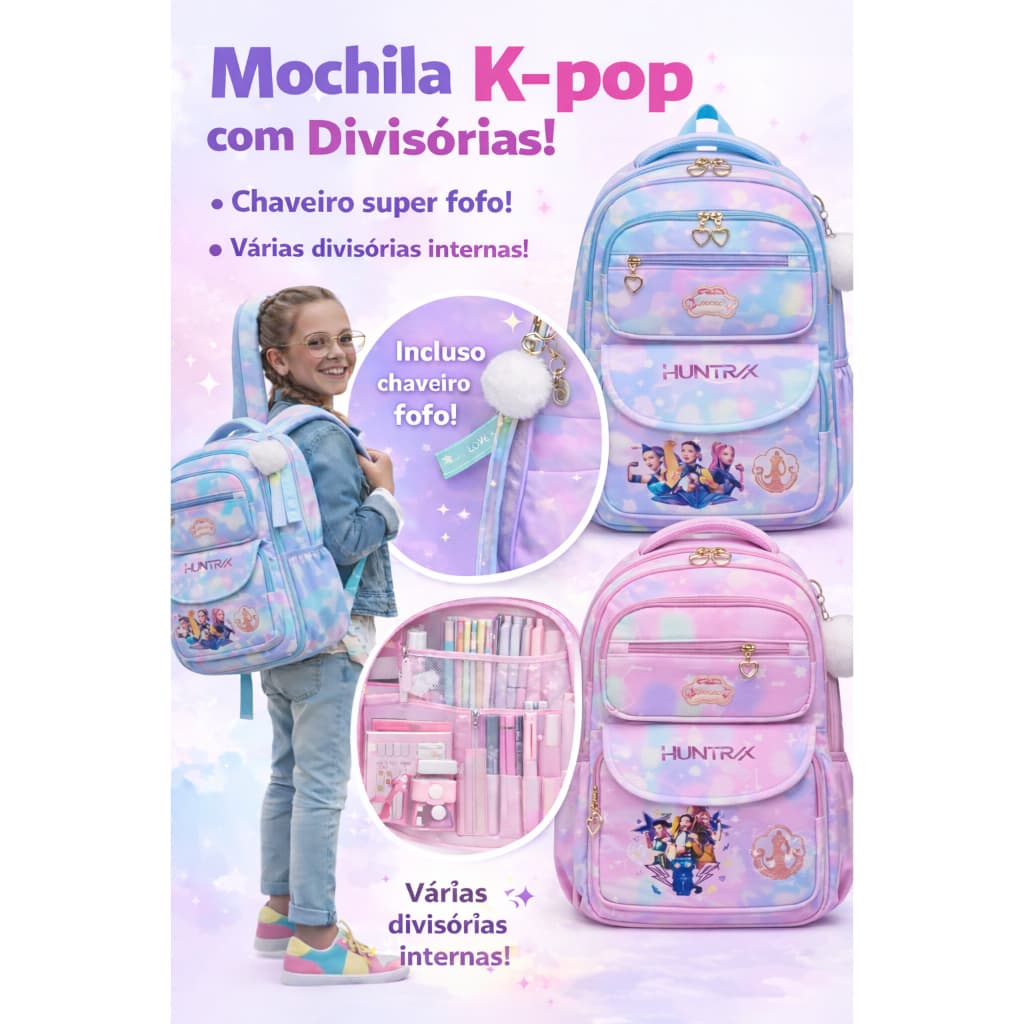 Mochila Escolar K-POP Infantil Juvenil com Divisórias  Costas Acolchoadas tendência2026**