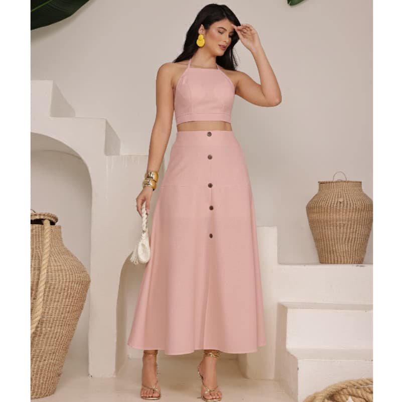 Saia Feminina Longa em Linho Confortável e Elegante com Botões Fenda e Cintura Elástica Moda Casual