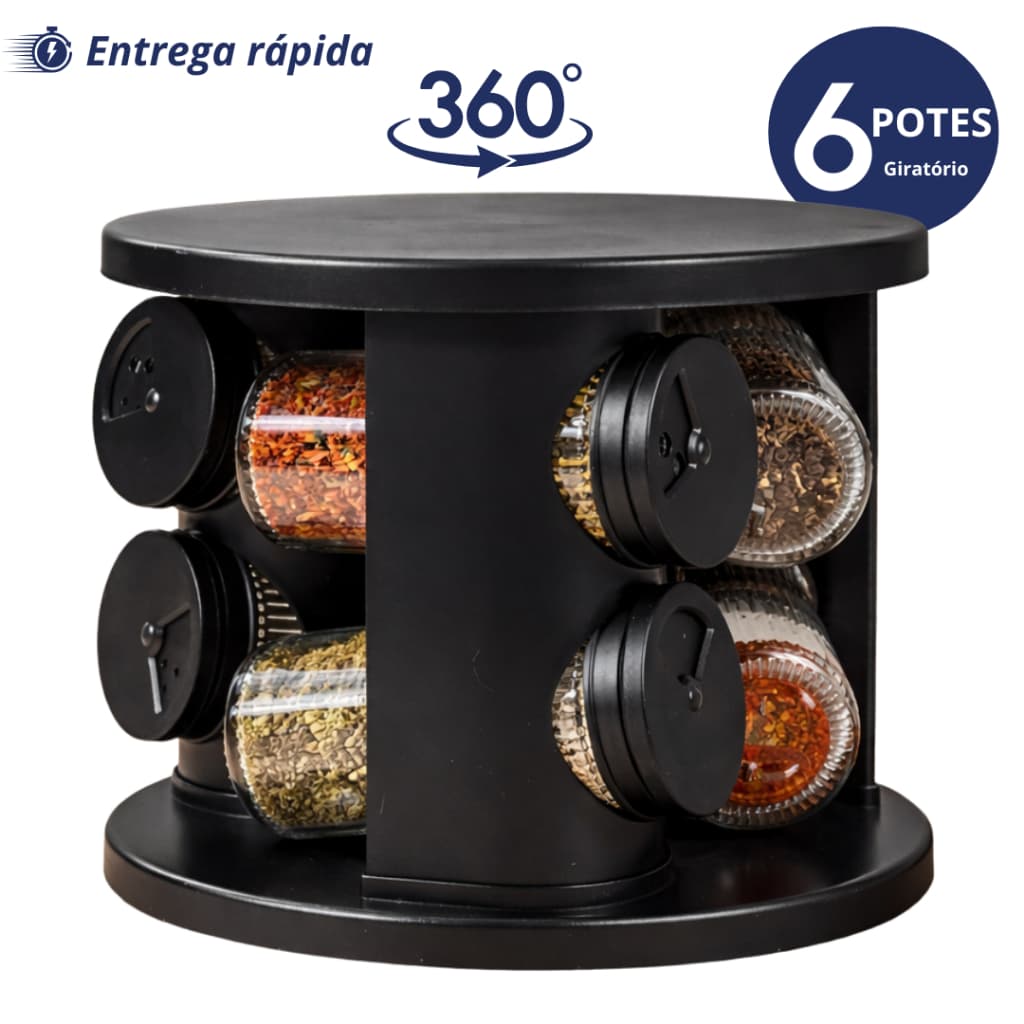 Porta Condimentos Temperos Giratório Preto 6 Potes de Vidro com Tampa Dosadora para Cozinha