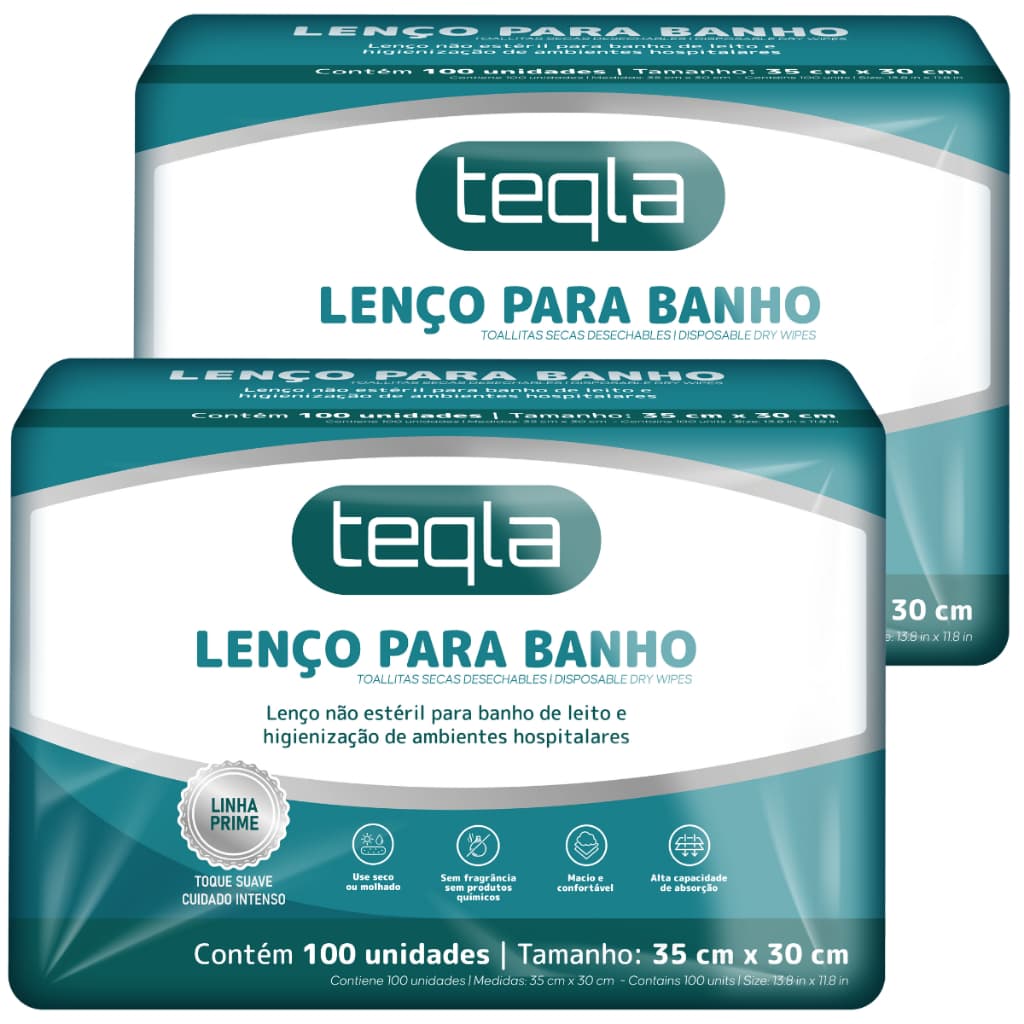 Lenço de Banho Descartável Teqla - 200 Unidades (35 cm x 30 cm) Linha Prime