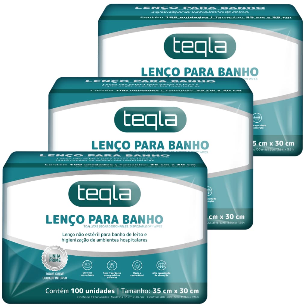 Lenço de Banho Descartável Teqla - Kit 300 Unidades (35 cm x 30 cm) - Linha Prime