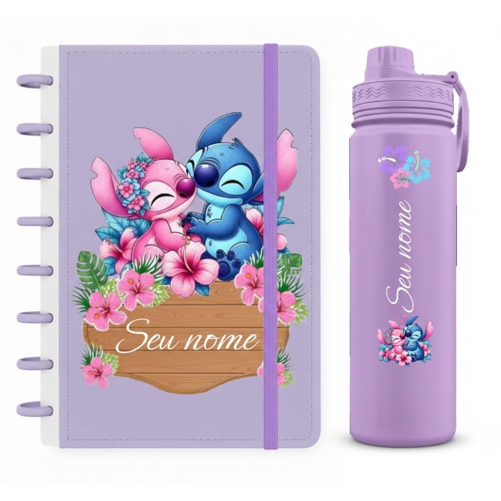 Kit Caderno/Planner de Discos Personalizado e Garrafa Fresh Térmica 550ml  - Caderno A4, B5 e A5  - Ohana e Amor💙🩷