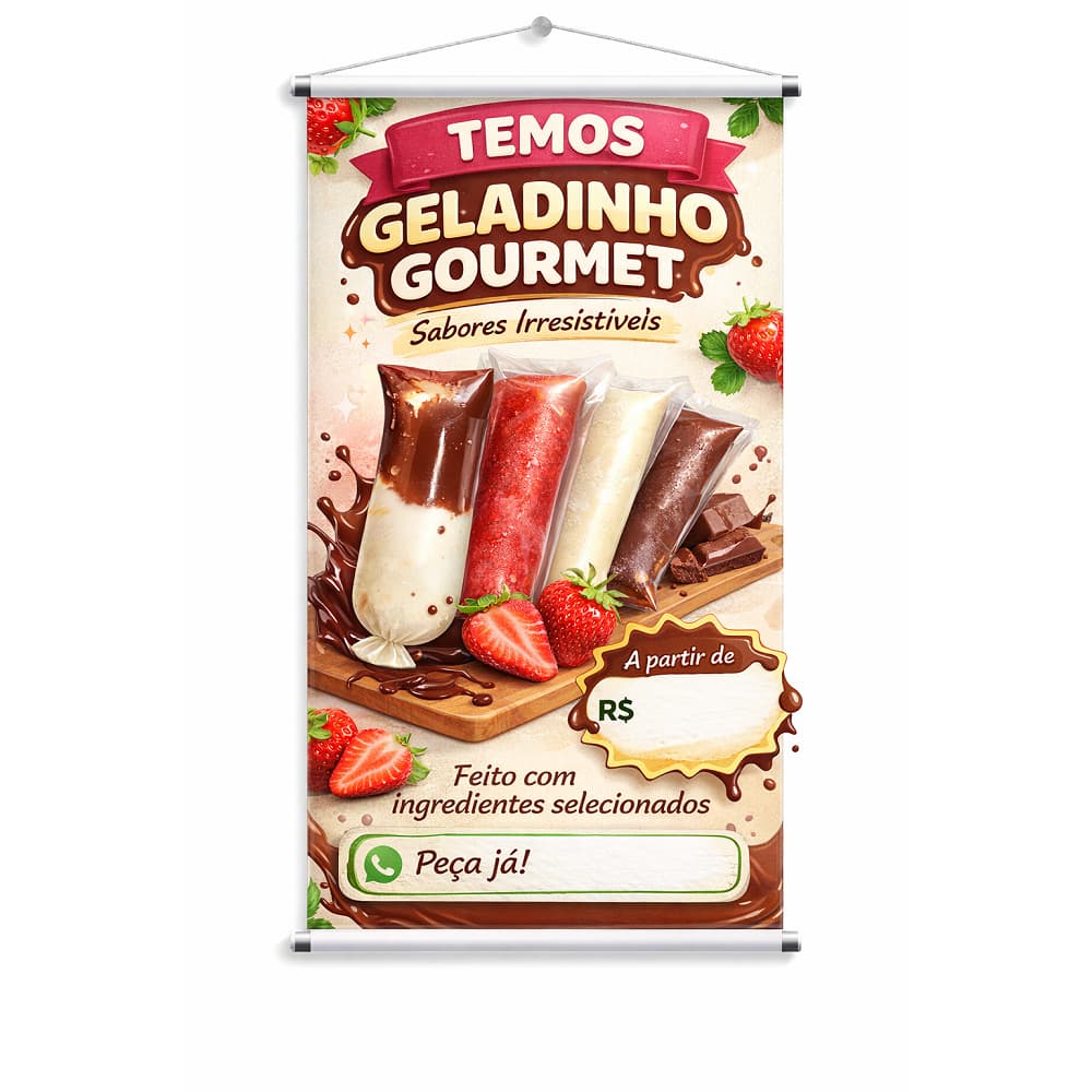 Banner Temos Geladinho Gourmet Arte Pronta A Prova D' Água Lona 80x60