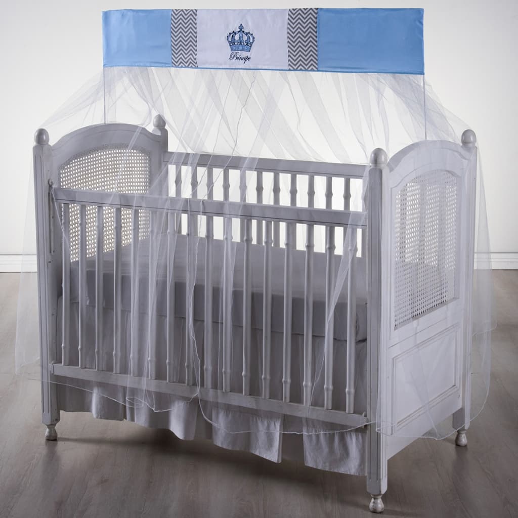 Mosquiteiro de Tule para Berço com Bando Estampado Coroa Azul Bebê Menino