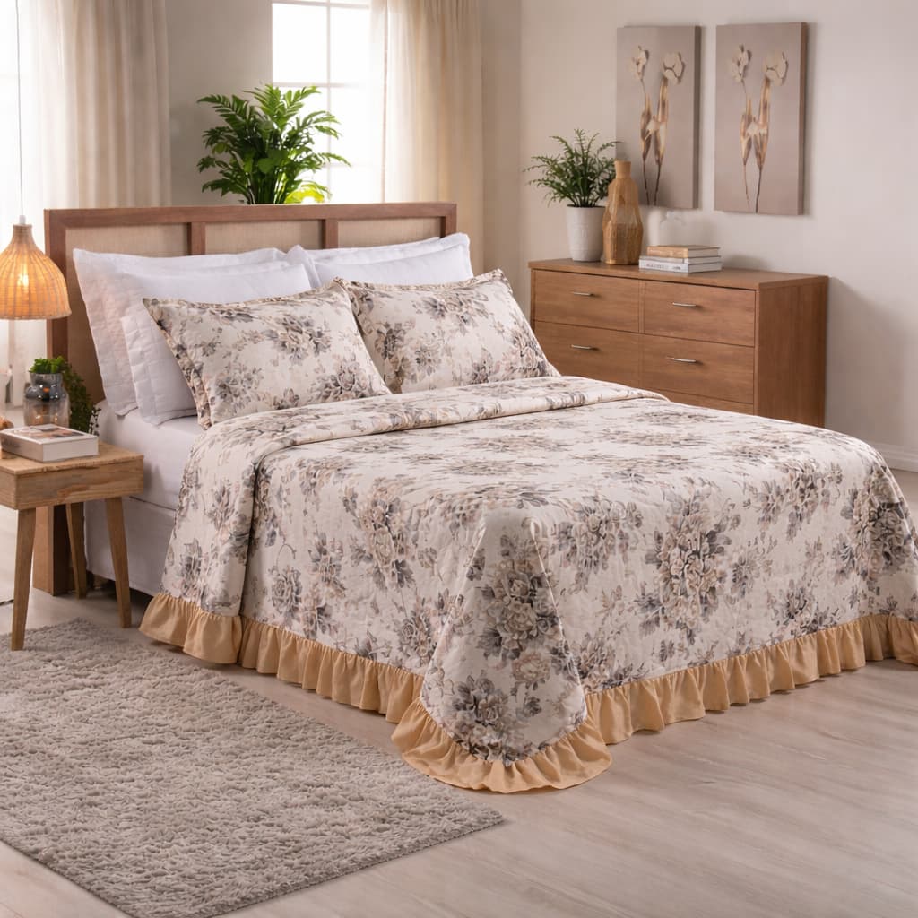Colcha Queen Estampada Com Babado Cama Box Posta Quarto Decoração Com Porta Travesseiros