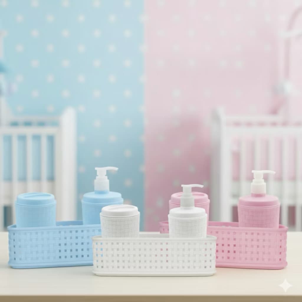 KIT higiene do bebê com dispenser para sabonete líquido, porta algodão e cestinha organizadora