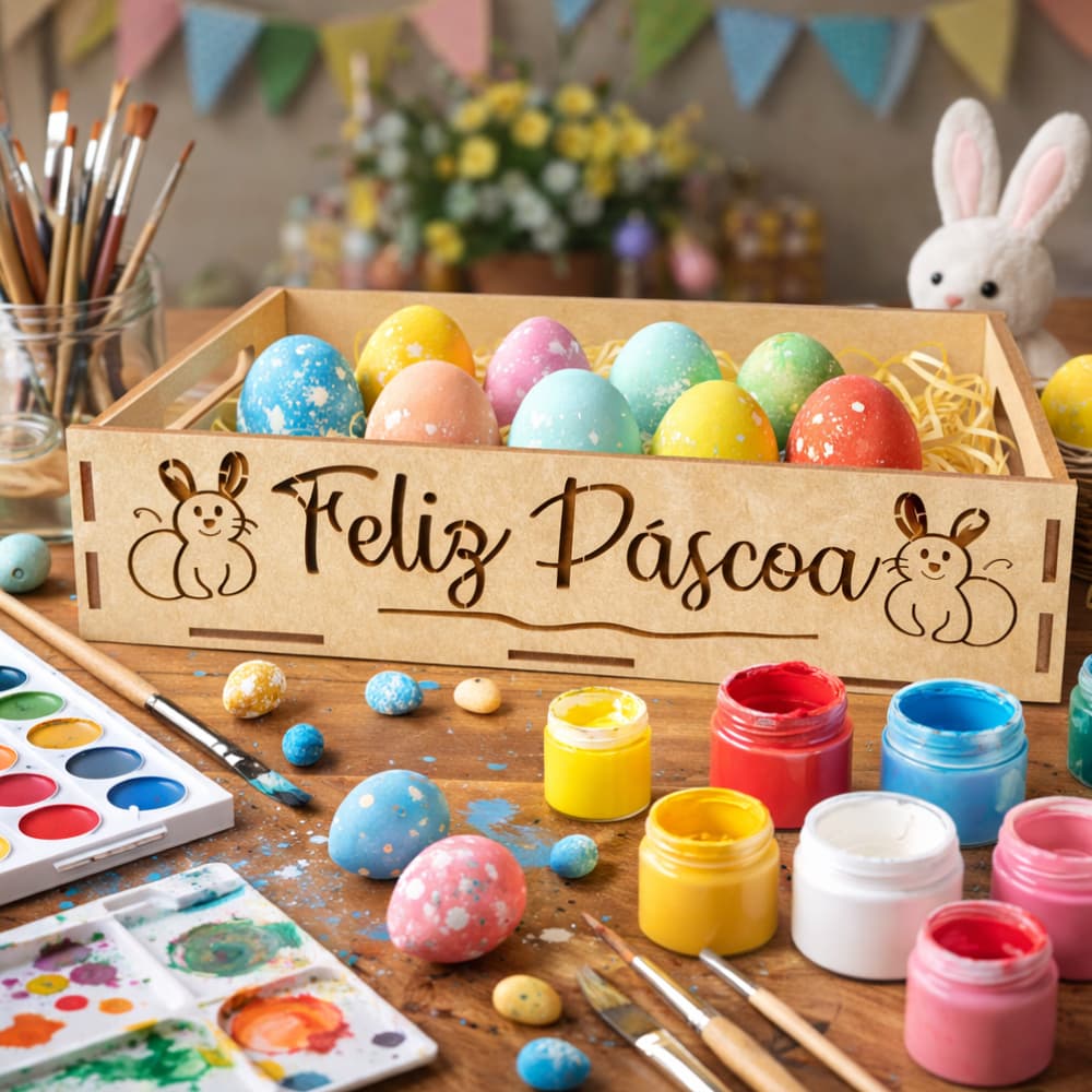 Jogo 5 Caixas MDF Cru Bandeja com Recorte "Feliz Páscoa" para Lembrancinha Decoração - M18