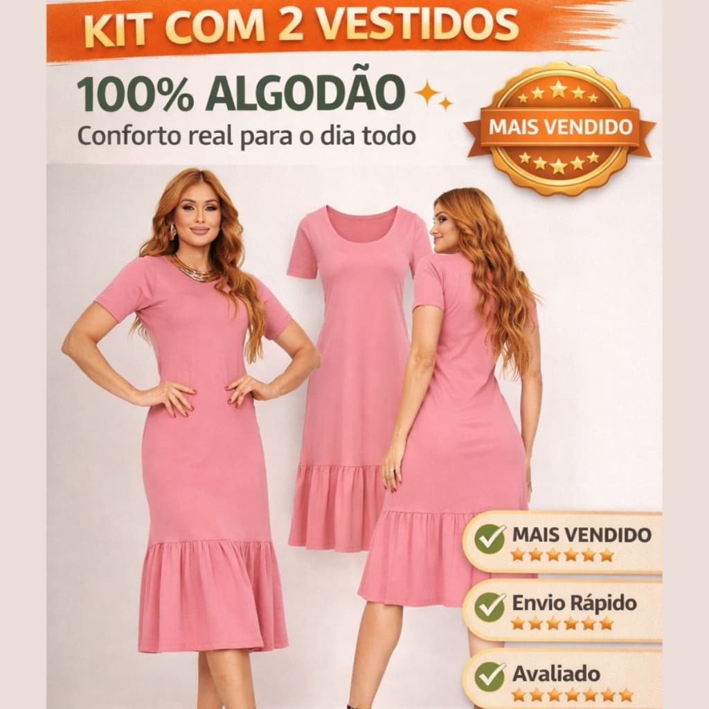 Kit 2 Vestido Feminino Babado Moda Cristã Luxo Elegante Malha Algodão Manga Curta