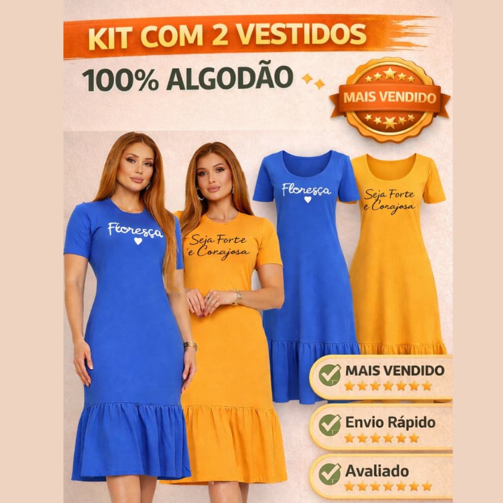 Kit 2 Vestidos Feminino Midi Moda Cristã Estampado 100 % Algodão