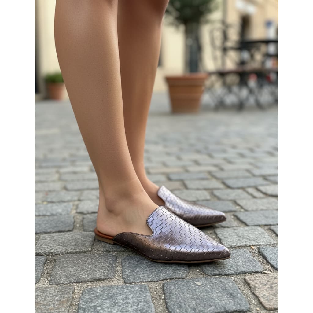 Mule Slingback Feminino Bico Fino Tricê Prata Velho Luxo