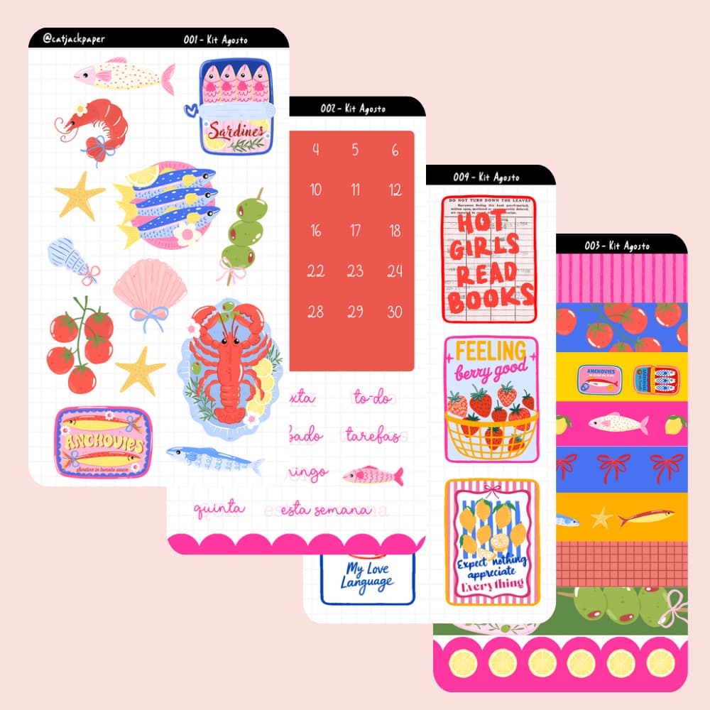 Kit de Adesivos Decorativos - Agosto 2025 - Sardine Girl - Sardinhas - Planners & Journals - 4 Cartelas