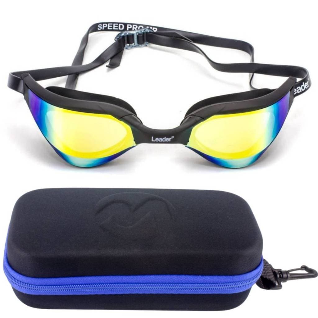 Kit Oculos Natação Espelhado Leader Speed Pro Preto + Case Estojo Medinas Azul