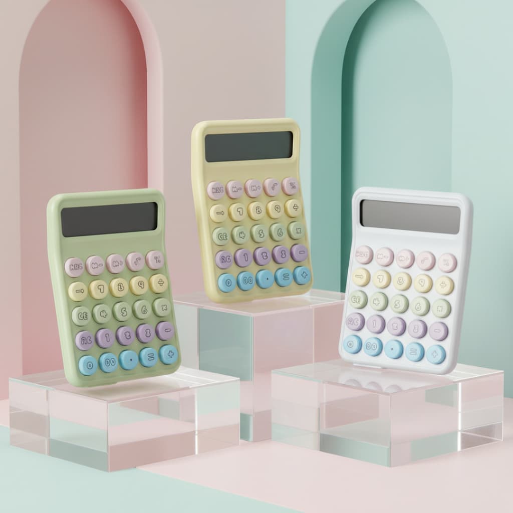 Calculadora de mesa com visor LCD amplo e botões redondos em tons pastéis modernos
