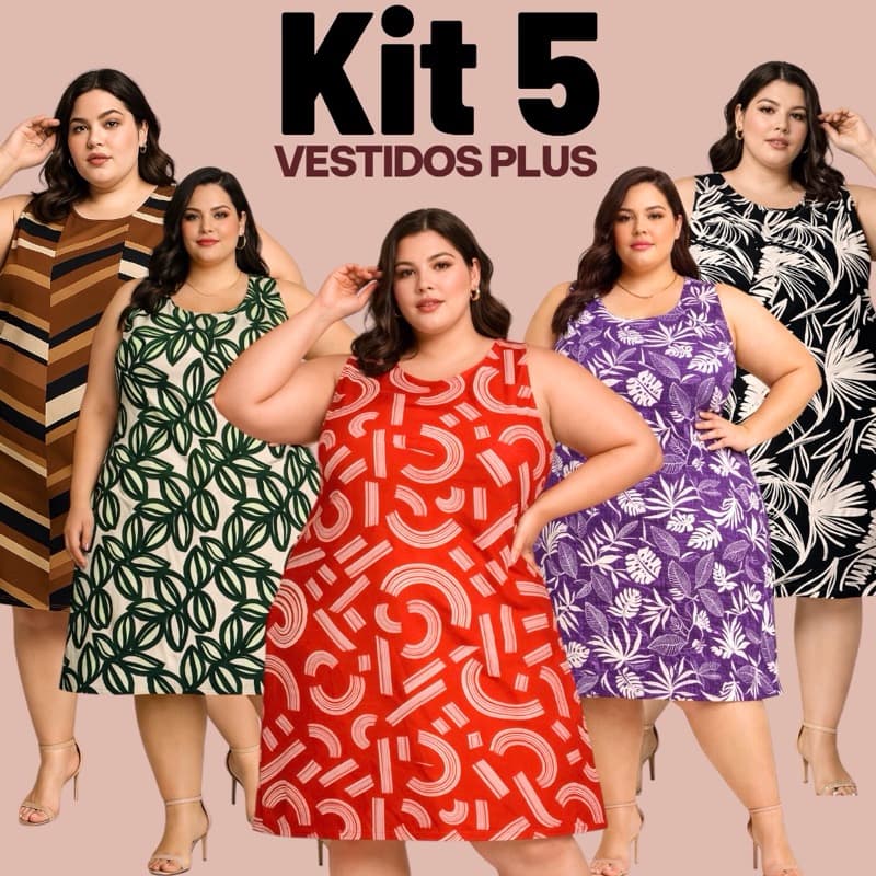 kit 5 Vestido Regata Feminino Plus Size GG4 Estampado Soltinho Leve Fresquinho-Moda Verão Confortável Dress Dia a Dia