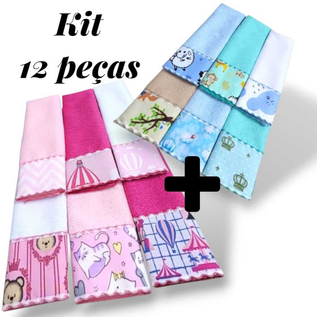 Kit Babete Ombro Ou Boca Toalha Algodao E Poliester Coloridas E Mistas 20cm x 40cm Com 12 Peças Estampas Mistas