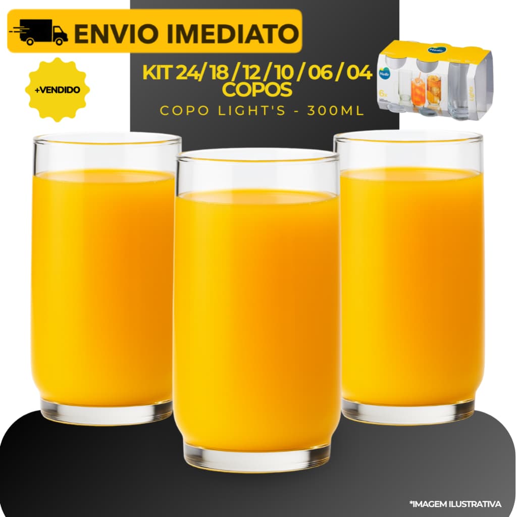 Jogo 24/18/12/10/06/04 Copos Resistente 300ml Vidro Multiuso Light's - Nadir